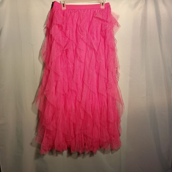 Hot Pink Ruffle Tulle Maxi Skirt – Layered Mesh – Elastic Waist – Size L - Picture 1 of 4